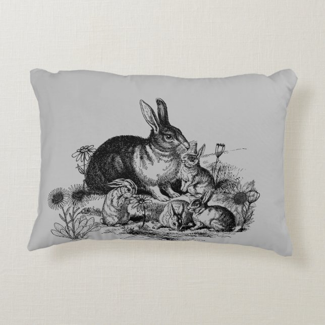 Black Silhouette Rabbit Family Accent Pillow (Back)