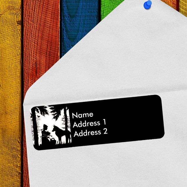 Black Silhouette Red Riding Hood Wolf Woods (Little Red Riding Hood under trees woods black and white return address labels.)