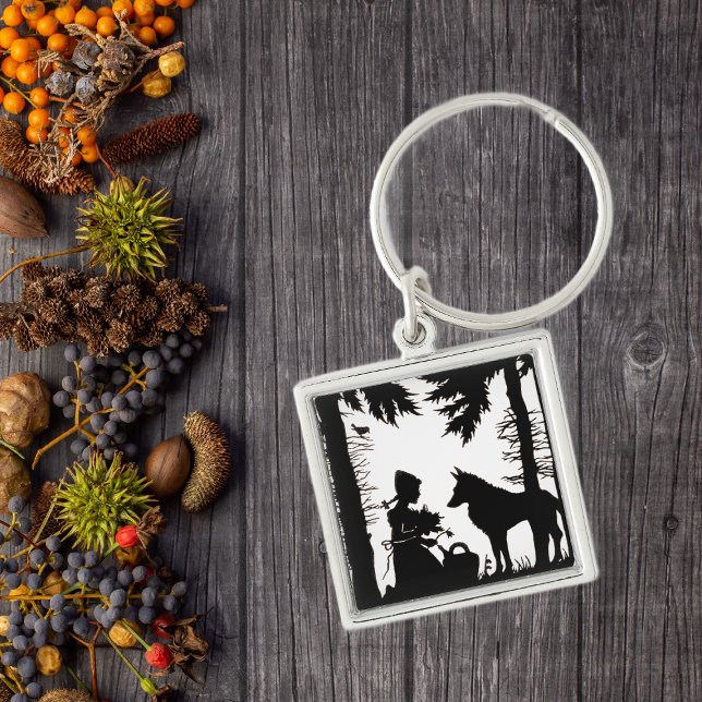 Black Silhouette Red Riding Hood Wolf Woods Key Ring (Black white keychain with Little red riding hood under trees with the wolf.)