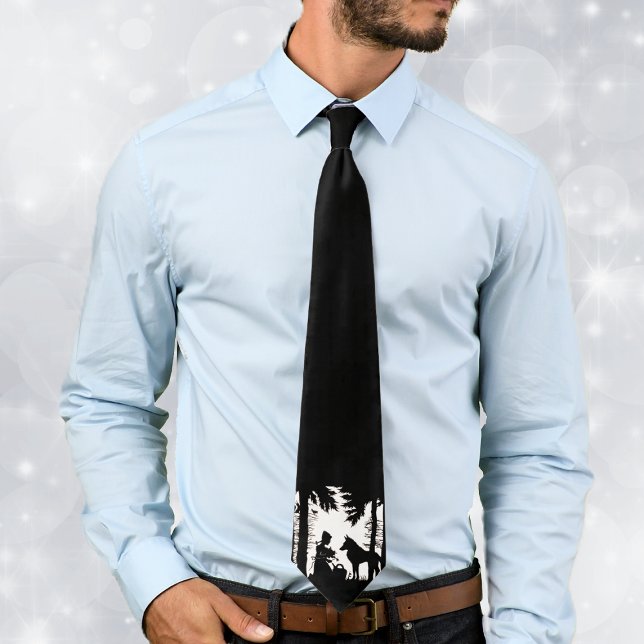 Black Silhouette Red Riding Hood Wolf Woods Tie (Little red riding hood in woods with wolf in silhouette form on black and white neck tie.)