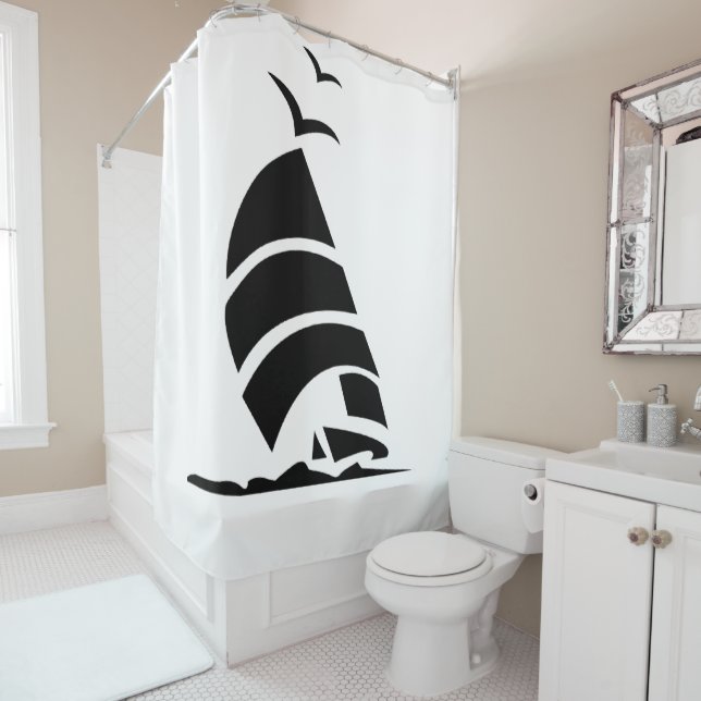 ""Black Silhouette SailBoat"" Shower Curtain (In Situ)