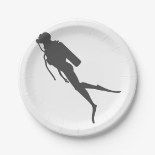 Black silhouette scuba divers paper plate