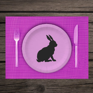 Black Silhouette Sitting Rabbit on Hot Pink Paper Plate