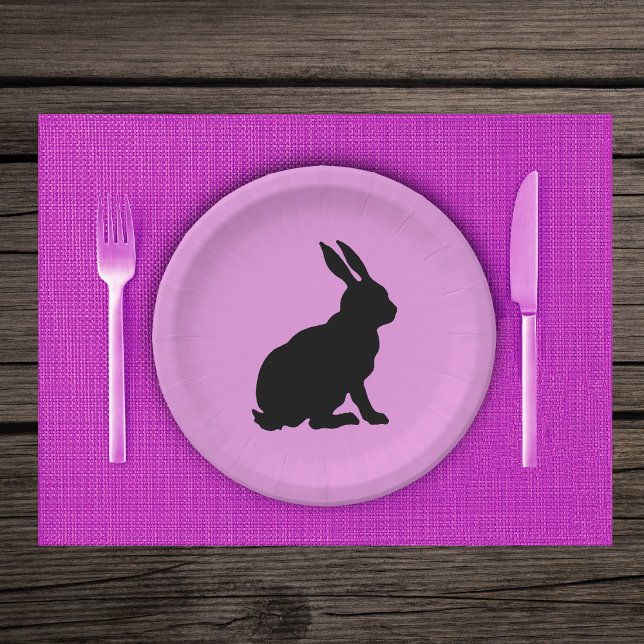 Black Silhouette Sitting Rabbit on Hot Pink Paper Plate (Black sitting silhouette bunny rabbit on hot pink paper party plates.)