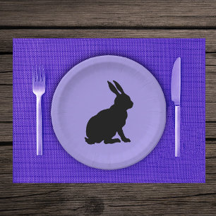 Black Silhouette Sitting Rabbit on Purple Paper Plate