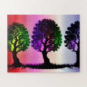 Black Silhouette Trees with Colorful Sky Backdrop Jigsaw Puzzle
