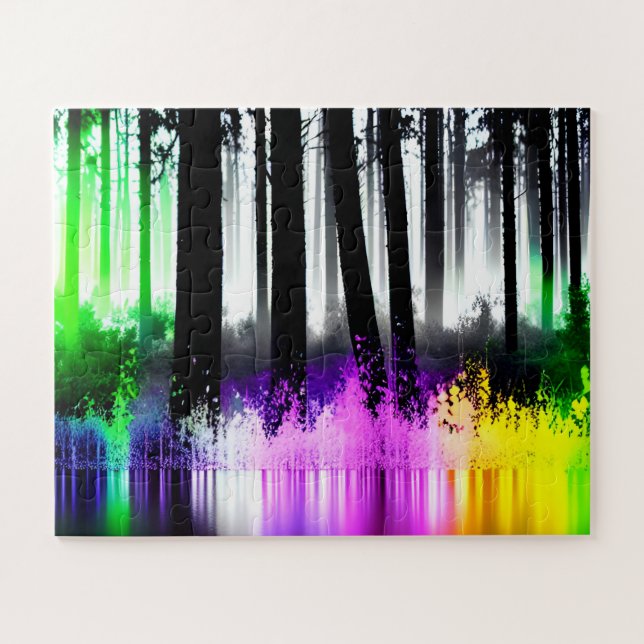 Black Silhouette Trees with Multicolor Splashes Jigsaw Puzzle (Horizontal)