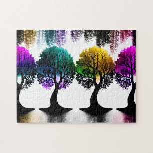 Black Silhouette Trees with Pastel Colour Foliage Jigsaw Puzzle