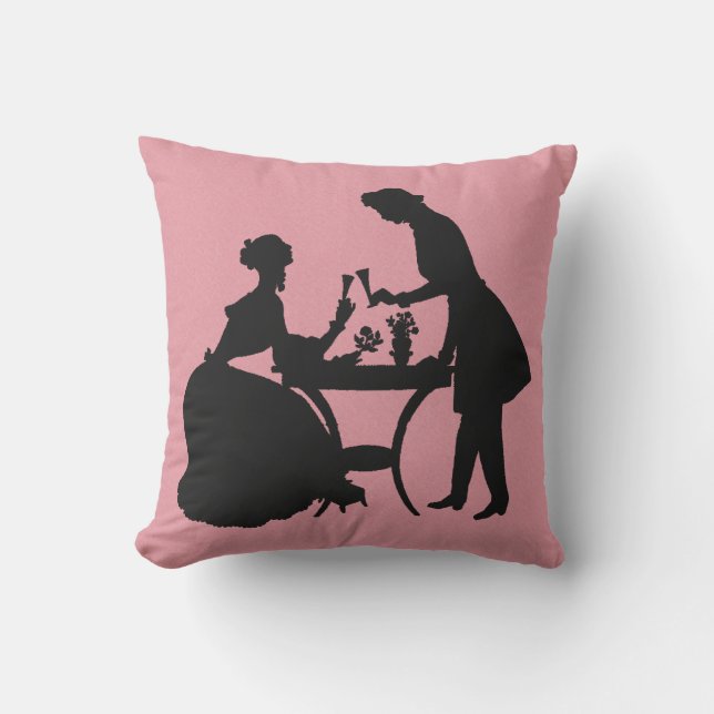Black Silhouette Vintage Couple Toasting Wine Pink Cushion (Front)