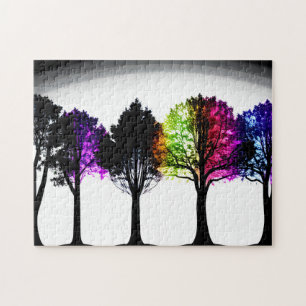 Black Silhouetted Trees with Coloured Foliage Jigsaw Puzzle