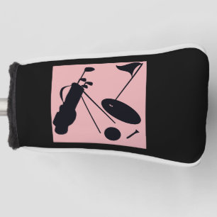 Black silhouettes of golf items on pink background head cover