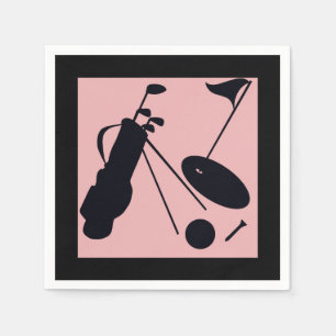 Black silhouettes of golf items on pink background napkin