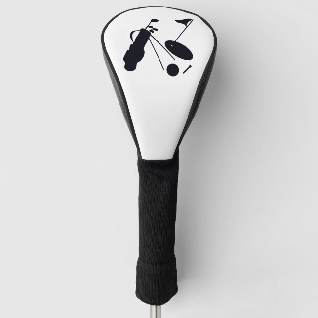 Black silhouettes of golf items on white  golf head cover (Front)