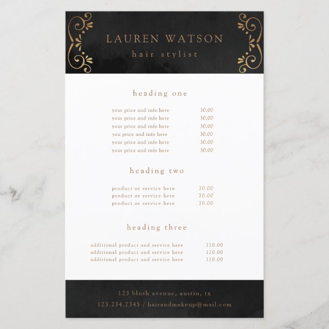 black silk gold flourish service and price flyer (Front)