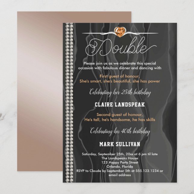 Black Silk, Pearls & Orange Adult Joint Birthday Invitation (Front/Back)