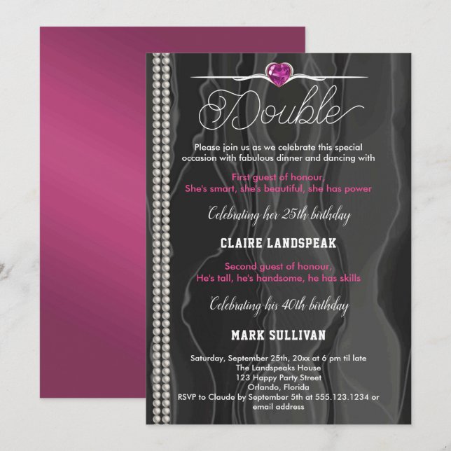 Black Silk, Pearls & Pink Adult Joint Birthday Invitation (Front/Back)