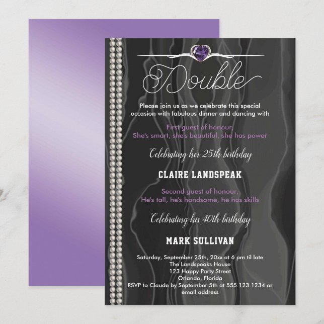 Black Silk, Pearls & Purple Adult Joint Birthday Invitation (Front/Back)