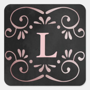 Black silk rose gold faux foil flourish monogram square sticker