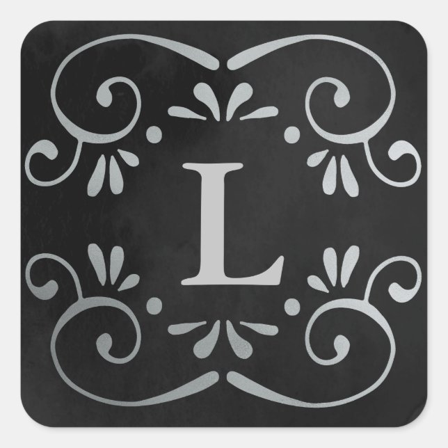 Black silk silver faux foil flourish monogram square sticker (Front)