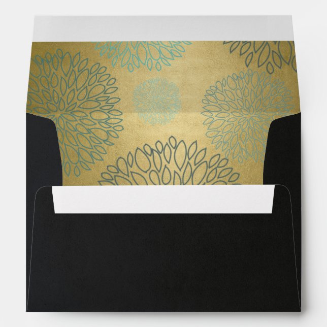 BLACK SILK VELVET GOLD AQUA BLUE FLORAL ADDRESS ENVELOPE (Back (Bottom))