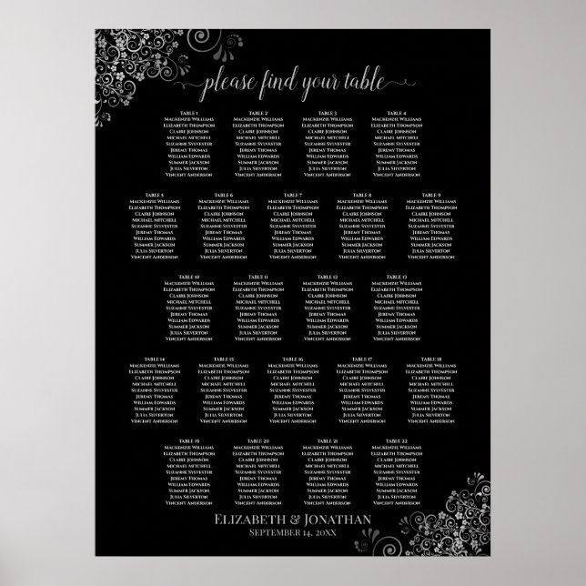 Black & Silver 22 Table Wedding Seating Chart (Front)