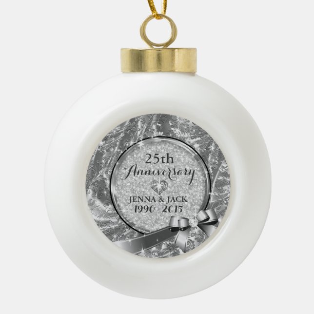 Black & Silver 25th Wedding Anniversary Ornament 4 (Front)