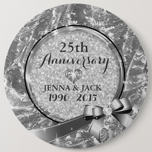 Black & Silver 25th Wedding Anniversary Ornament 4 6 Cm Round Badge (Front)
