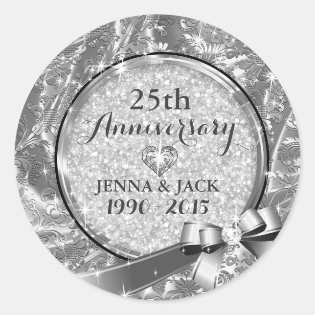 Black & Silver 25th Wedding Anniversary Ornament 4 Classic Round Sticker (Front)