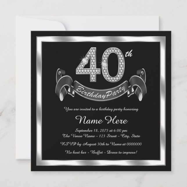 Black Silver 40th Birthday Party Invitation (Front)