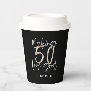 Black silver 50th birthday modern elegant paper cups
