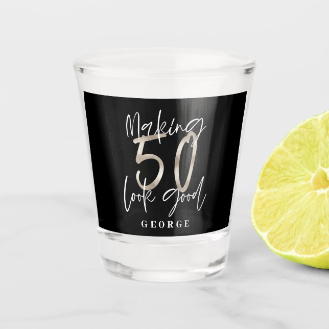 Black silver 50th birthday modern elegant shot glass (Front)