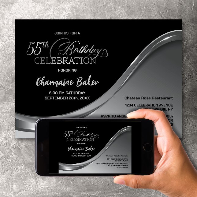 Black Silver 55th Birthday Party Invitation (Creator Uploaded)