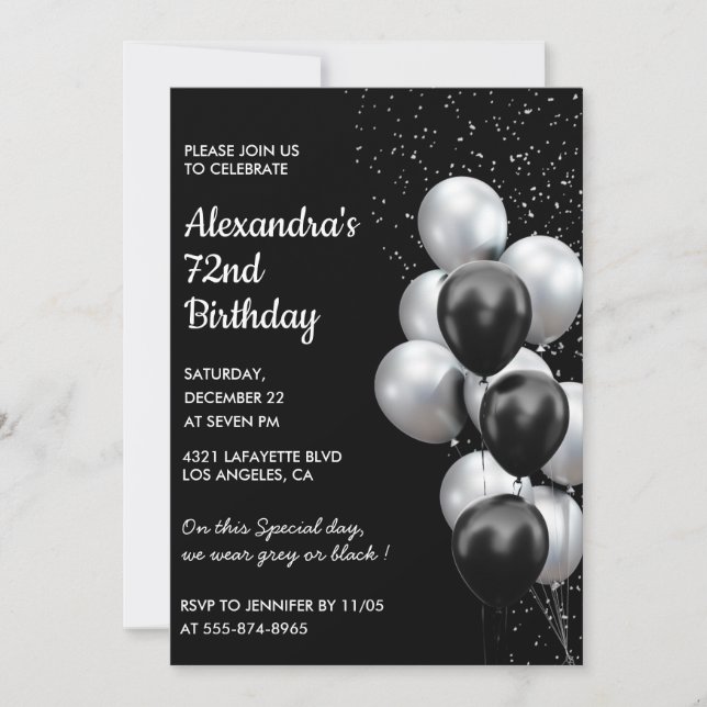 Black Silver 72nd birthday invitations Balloons  (Front)