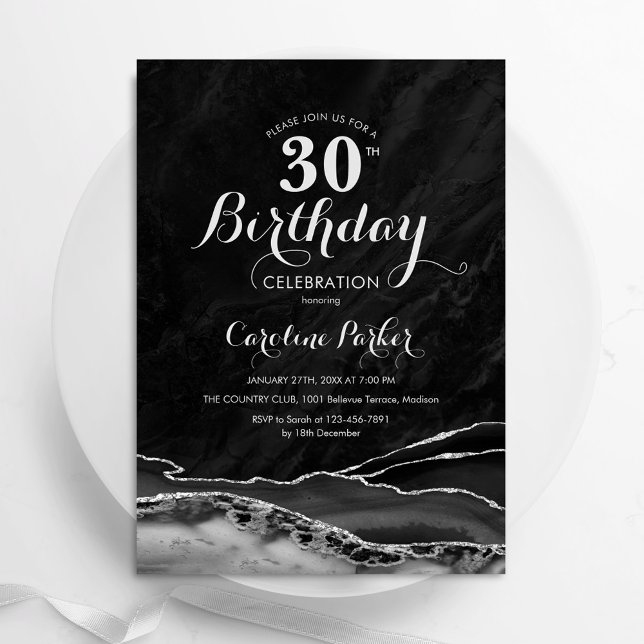 Black Silver Agate 30th Birthday Invitation (Creator Uploaded)