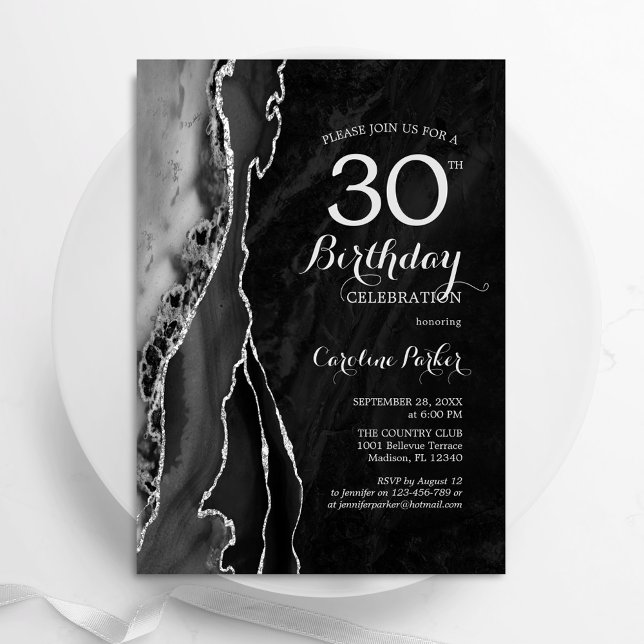 Black Silver Agate 30th Birthday Invitation (Creator Uploaded)