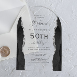 Black Silver Agate 50th Birthday Arch Acrylic Invitations
