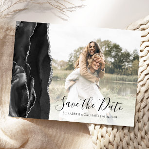 Black Silver Agate Custom Photo Save the Date Postcard
