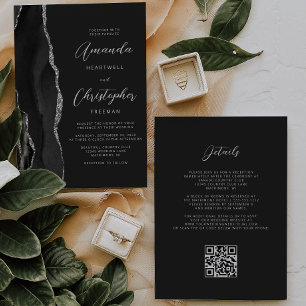 Black Silver Agate Dark QR Code Wedding Invitation