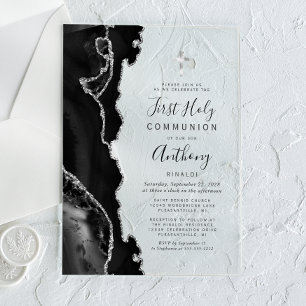 Black Silver Agate First Holy Communion Acrylic Invitations