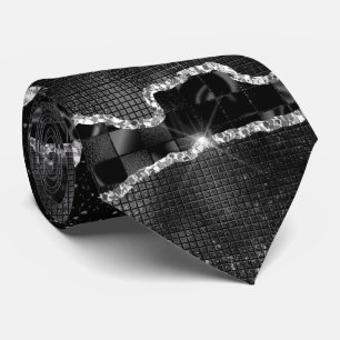 Black silver agate glitter marble look elegant tie