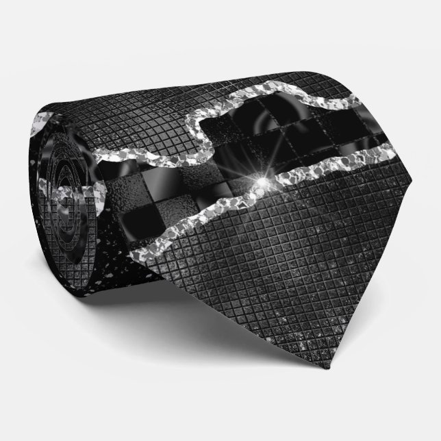 Black silver agate glitter marble look elegant tie (Rolled)