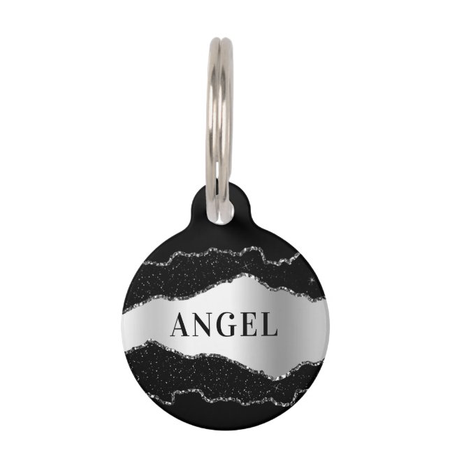 Black silver agate marble glitter name pet tag (Front)