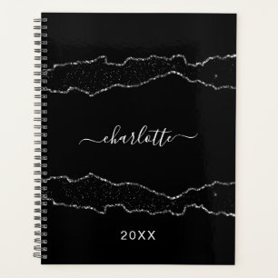 Black silver agate marble name script 2026 planner