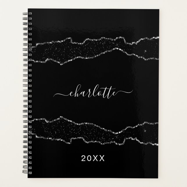 Black silver agate marble name script 2026 planner (Front)
