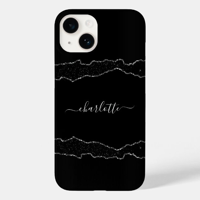 Black silver agate marble name script Case-Mate iPhone case (Back)