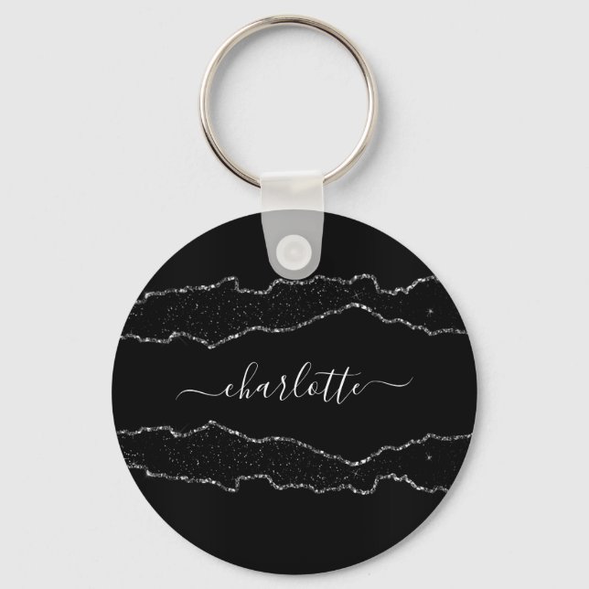 Black silver agate marble name script key ring (Front)