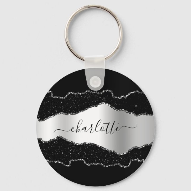 Black silver agate marble name script  key ring (Front)