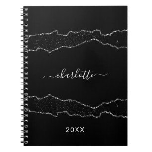 Black silver agate marble name script notebook