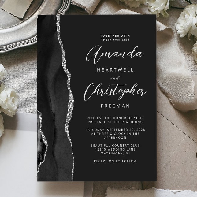 Black Silver Agate Modern Script Wedding Invitation (Creator Uploaded)