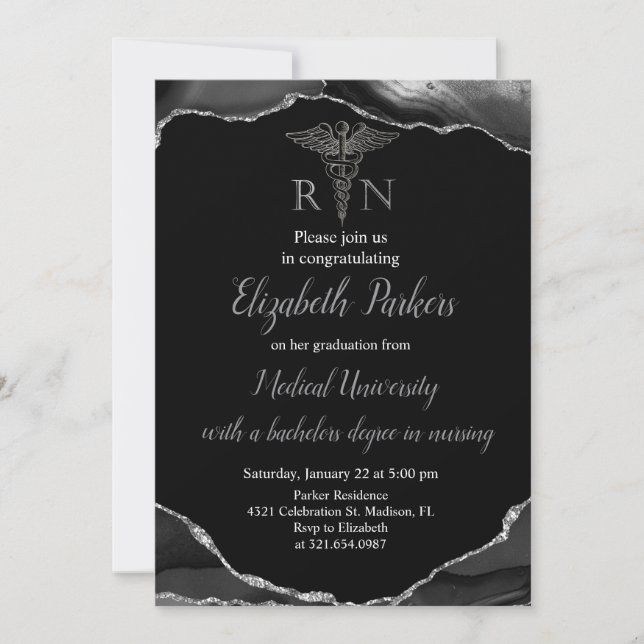 Black & Silver Agate Nursing Graduation Party Invitation (Front)